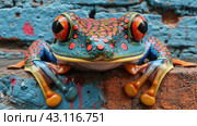 A colorful frog sitting on a brick wall with painted eyes, AI. Стоковое AI-изображение, AI-художник Сергей Старуш / Фотобанк Лори