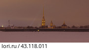 Вечерний зимний вид через Неву на Петропавловскую крепость, Санкт-Петербург (2018 год). Стоковое фото, фотограф Алексей Иванов / Фотобанк Лори