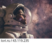 Astronaut Gazing into the Cosmos. Стоковое AI-изображение, AI-художник Кирилл Черезов / Фотобанк Лори