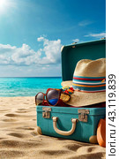 Summer backgrounds of open suitcase with beach accessories on tropical sandy beach at turquoise sea. Summertime holiday scene, scenery. Travel vacation concept. Gen ai illustration. Copy ad text space. Стоковое AI-изображение, AI-художник Aleksandr Golubev / Фотобанк Лори