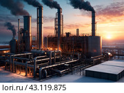 Industrial factory with furnace and heat exchanger cracking hydrocarbons, sunset. Equipment petrochemical plant. Manufacturing and industry technology concept. Gen ai illustration. Copy ad text space. Стоковое AI-изображение, AI-художник Aleksandr Golubev / Фотобанк Лори