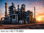 Industrial factory with furnace and heat exchanger cracking hydrocarbons, sunset. Equipment petrochemical plant. Manufacturing and industry technology concept. Gen ai illustration. Copy ad text space. Стоковое AI-изображение, AI-художник Aleksandr Golubev / Фотобанк Лори
