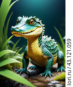 Green crocodile in a terrarium. Стоковое AI-изображение, AI-художник Наталья Симакова / Фотобанк Лори