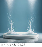 A stage with a fountain and a podium with the words quot water quot on it. Стоковое AI-изображение, AI-художник Элеонора Петрова / Фотобанк Лори