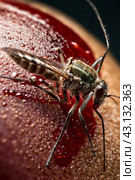 Mosquitoes (Aedes aegypti) sucking human blood, close up. Close-up of striped mosquito on human skin, macro photo. Carriers of dengue fever and malaria concept. Gen ai illustrate. Copy ad text space. Стоковое AI-изображение, AI-художник Aleksandr Golubev / Фотобанк Лори