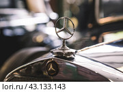 RUSSIA, MOSCOW - May 11, 2024: Close-up of the metal star of the Mercedes Benz logo on the hood of a retro car. Редакционное фото, фотограф Photojuli / Фотобанк Лори