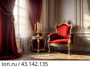 Old white and gold Royal chair with red curtains and candelabra in medieval vintage room. Throne for king in castle. Background in architecture or retro interior design. Copy space, text place. Стоковое AI-изображение, AI-художник Aleksandr Golubev / Фотобанк Лори