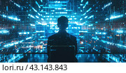 Person silhouette against glowing digital backdrop. Male standing on a flow of data showing cyber threats, vulnerabilities. VR environment screens displaying coding. AI Artificial Intelligence concept. Стоковое AI-изображение, AI-художник Марина Демидюк / Фотобанк Лори