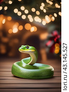Green snake character on new year background with bokeh. Стоковое AI-изображение, AI-художник Наталья Симакова / Фотобанк Лори