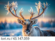 Reindeer graze against the background of a winter tundra landscape. Snow is falling. Snowstorm. Стоковое AI-изображение, AI-художник Photojuli / Фотобанк Лори