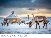 Reindeer graze against the background of a tundra landscape and a winter yurt. Snow is falling. Snowstorm. Стоковое AI-изображение, AI-художник Photojuli / Фотобанк Лори