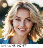 Portrait of a smiling beautiful young blonde girl or woman with straight flowing hair, blue eyes, long eyelashes and white teeth. Sunny weather in the background. Joy and happiness. Generated AI. Стоковое AI-изображение, AI-художник Юлия Петровская / Фотобанк Лори