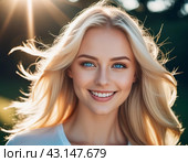 Portrait of a smiling beautiful young blonde girl or woman with straight flowing hair, blue eyes, long eyelashes and white teeth. Sunny weather in the background. Joy and happiness. Generated AI. Стоковое AI-изображение, AI-художник Юлия Петровская / Фотобанк Лори