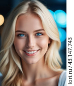Portrait of a smiling beautiful young blonde girl or woman with straight flowing hair, blue eyes, long eyelashes and white teeth. Anamorphic bokeh. Friendliness, charm, joy and happiness. Generated AI. Стоковое AI-изображение, AI-художник Юлия Петровская / Фотобанк Лори