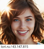 Portrait of a smiling beautiful young portrait of a brown-haired girl or woman with straight flowing hair, blue eyes,plump lips, long eyelashes and white teeth. Sunny weather. Joy and happiness. AI. Стоковое AI-изображение, AI-художник Юлия Петровская / Фотобанк Лори