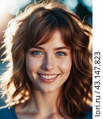 Portrait of a smiling beautiful young portrait of a brown-haired girl or woman with straight flowing hair, blue eyes,plump lips, long eyelashes and white teeth. Sunny weather. Joy and happiness. AI. Стоковое AI-изображение, AI-художник Юлия Петровская / Фотобанк Лори