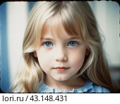 Portrait of a small beautiful pretty Caucasian girl with long blond flowing hair, blue eyes and chubby cheeks. Child outdoors. Direct, intelligent, calm, curious look. Childhood, retro vintage. AI. Стоковое AI-изображение, AI-художник Юлия Петровская / Фотобанк Лори
