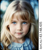 Portrait of a small beautiful pretty Caucasian girl with long blond flowing hair, blue eyes and chubby cheeks. Child outdoors. Direct, intelligent, calm, curious look. Childhood, retro vintage. AI. Стоковое AI-изображение, AI-художник Юлия Петровская / Фотобанк Лори