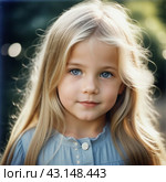 Portrait of a small beautiful pretty Caucasian girl with long blond flowing hair, blue eyes and chubby cheeks. Child outdoors. Direct, intelligent, calm, curious look. Childhood, retro vintage. AI. Стоковое AI-изображение, AI-художник Юлия Петровская / Фотобанк Лори