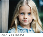 Portrait of a small beautiful pretty Caucasian girl with long blond flowing hair, blue eyes and chubby cheeks. Child outdoors. Direct, intelligent, calm, curious look. Childhood, retro vintage. AI. Стоковое AI-изображение, AI-художник Юлия Петровская / Фотобанк Лори