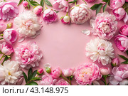 A frame with beautiful peony flowers on a pastel pink background. Flat layout, top view, place to copy, summer flowers. Стоковое AI-изображение, AI-художник Photojuli / Фотобанк Лори