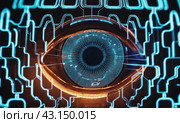 Best media technologies. Mixed media. Close-up biometric scan of a female eye. The concept of modern virtual reality. Neon light, abstract cyber background. Scanning for personality identification. AI. Стоковое AI-изображение, AI-художник Sergey Grishin / Фотобанк Лори