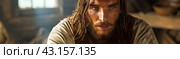 Jesus With Long Hair and a Beard. Стоковое AI-изображение, AI-художник Юлия Гапеенко / Фотобанк Лори