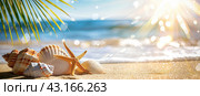 Seashells with a starfish on the background of the sea surf and leaves of palm trees. The concept of vacation. Стоковое AI-изображение, AI-художник Ярославский Максим / Фотобанк Лори