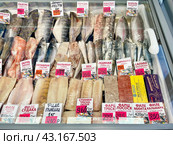 Разные сорта рыб  и морепродуктыв витрине рыбного магазина в городе Балашиха Московской области. Редакционное фото, фотограф Овчинникова Ирина / Фотобанк Лори