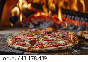 Pizza Cooking by Fire. Стоковое AI-изображение, AI-художник Юлия Гапеенко / Фотобанк Лори