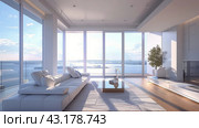 White Furniture Living Room With Large Windows. Стоковое AI-изображение, AI-художник Юлия Гапеенко / Фотобанк Лори