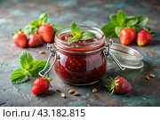 A jar of homemade strawberry, healthy jam with mint on a black background. Conservation and harvesting in summer. Стоковое AI-изображение, AI-художник Photojuli / Фотобанк Лори
