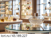 Minimalistic background for product demonstrations. A modern glass podium in a modern perfume store. Elegant design for the presentation of cosmetics and perfumes. Стоковое AI-изображение, AI-художник Photojuli / Фотобанк Лори