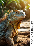 land iguana (Conolophus subcristatus) endemic to Galapagos islands. Lizards (Conolophus) in tropical animal world. Observation of wildlife area. Holiday adventure in Ecuador. Стоковое AI-изображение, AI-художник Aleksandr Golubev / Фотобанк Лори