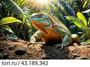 land iguana (Conolophus subcristatus) endemic to Galapagos islands. Lizards (Conolophus) in tropical animal world. Observation of wildlife area. Holiday adventure in Ecuador. Стоковое AI-изображение, AI-художник Aleksandr Golubev / Фотобанк Лори
