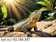 land iguana (Conolophus subcristatus) endemic to Galapagos islands. Lizards (Conolophus) in tropical animal world. Observation of wildlife area. Holiday adventure in Ecuador. Стоковое AI-изображение, AI-художник Aleksandr Golubev / Фотобанк Лори