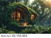 Eco-concept of a cozy house, harmoniously built into the forest landscape. The house has a round shape and is covered with thick greenery and flowers, which allows it to literally merge with the surrounding nature. Large round windows emit warm light, creating a feeling of comfort and tranquility. Trees and shrubs are spread around the house, emphasizing its integration into the natural landscape. A small lantern at the entrance adds charm and coziness to this picturesque corner. Стоковое AI-изображение, AI-художник Анна Кривицкая / Фотобанк Лори