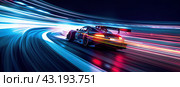 A modern futuristic car in motion. Car lights on the road at night. Motion blur, light trails. Стоковое AI-изображение, AI-художник Ярославский Максим / Фотобанк Лори