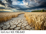 The concept of global warming on planet Earth. Dry and cracked earth and a field of wheat. The farmer's wheat crop is dead, dead, withered. The effects of climate change. Стоковое AI-изображение, AI-художник Photojuli / Фотобанк Лори