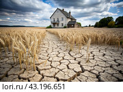 The concept of global warming on planet Earth. Dry and cracked earth and a field of wheat. The farmer's wheat crop is dead, dead, withered. The effects of climate change. Стоковое AI-изображение, AI-художник Photojuli / Фотобанк Лори