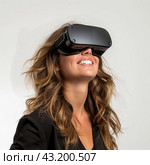 Женщина в очках виртуальной реальности. woman using virtual reality headset, showcasing a blend of technology, white background. Стоковое AI-изображение, AI-художник Katsiaryna Repich / Фотобанк Лори