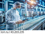 Production of medicines. A pharmacist checks medical vials on an automatic conveyor of a pharmaceutical factory production line using artificial intelligence. Стоковое AI-изображение, AI-художник Photojuli / Фотобанк Лори