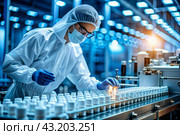 Production of medicines. A pharmacist checks medical vials on an automatic conveyor of a pharmaceutical factory production line using artificial intelligence. Стоковое AI-изображение, AI-художник Photojuli / Фотобанк Лори