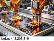 Automated production of electronic devices. Modern robotic manipulators on the assembly line of chips and printed circuit boards at a modern electronics factory. Installing components on the board. Стоковое AI-изображение, AI-художник Photojuli / Фотобанк Лори