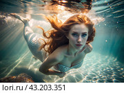 Portrait of a beautiful red-haired mermaid girl under water at a depth. Стоковое AI-изображение, AI-художник Photojuli / Фотобанк Лори