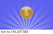 A cartoon style gold coin flies out from below and spins towards the camera. Money, bank, loans. A gold coin with a dollar symbol is tilted and rotated. Coin for casino. Currency. Donations. Стоковая анимация, аниматор Alexander / Фотобанк Лори