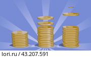 Budget. Bank account. Money transfer. Donations. Money, bank, loans. A gold coin with a dollar symbol is tilted and rotated. Cartoon style gold coins fall into three piles on an abstract background. Стоковая анимация, аниматор Alexander / Фотобанк Лори