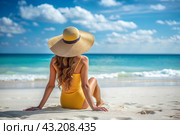 A woman on vacation, sitting in a swimsuit and a wide-brimmed straw hat on the beach on a sunny day and looking at the sea. Стоковое AI-изображение, AI-художник Photojuli / Фотобанк Лори