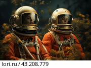 Two women in spacesuits sitting among plants with yellow flowers. Both women wear helmets that completely cover their heads, leaving only their faces visible through clear visors. They are dressed in bright orange astronaut suits with various tubes and attachments. The background of the image is dark, which contrasts with the bright costumes and golden colors, creating an atmosphere of mystery and science fiction. Стоковое AI-изображение, AI-художник Анна Кривицкая / Фотобанк Лори