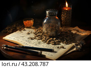 Scene in vintage style, where ancient manuscripts and fountain pens lie on a wooden table. In the center of the composition is a glass jar filled with metal buttons or tokens. Some buttons are scattered around the jar on the manuscripts. On the right, a candle burns in a glass candlestick with numbers, illuminating the entire scene with warm light. Стоковое AI-изображение, AI-художник Анна Кривицкая / Фотобанк Лори
